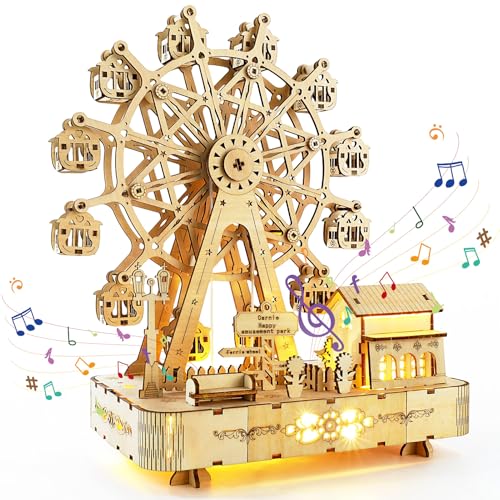 3D Wooden Puzzles for Adults,Musical Ferris Wheel Kit with Lights & Music Box,Room Home Decor DIY Rotating Ferris Wheel Kit for Men Women,Christmas Birthday Gift for Family Friends - style: Rotating ferris wheel