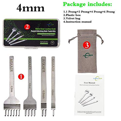 Aiskaer Leather Stitching Punch Set, Diamond Chisel Tools, 4mm White Steel 1/2/4/6 Prong for Leather Craft DIY - size: 4mm