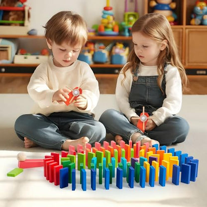 200-Piece Wooden Domino Set for Kids - STEM Learning Toy with Creative Tricks, Building Blocks & Classic Game Fun - Montessori Educational Gift for Boys & Girls Ages 3+