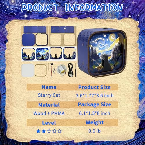 3D Wooden Puzzle Night Light DIY LED Art Lamp Kit for Adults Desk Decor Relaxing Craft Project Table Ornament and Unique Gift (Starry Cat) - style: Starry Cat