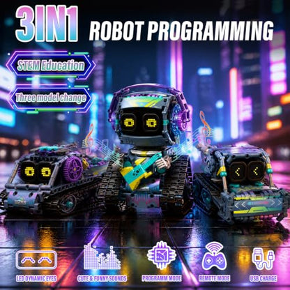 STEM Robot Building Kit 3 in 1 Guitarists Transporters Road Rollers Remote & App-Controlled Tracked Robotic Blocks Toys Set with LED Eyes & Sound Christmas Birthday Gifts for Boys Girls Age 6+ 433 Pcs - color: Blue