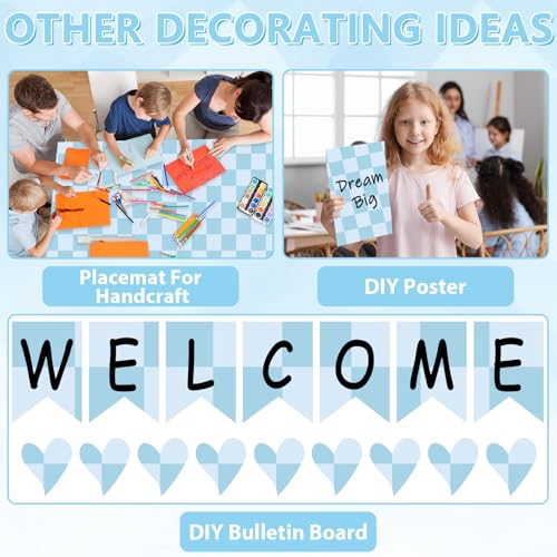 Blue Checkered Bulletin Board Paper Roll Retro Pastel Blue Bulletin Board Background Paper Back to School Classroom Decor Poster for Art Craft DIY Projects Home Office Party Supplies 17.7inx20ft - style: Blue Checkered