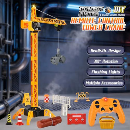 35.5-Inch 6 Channel RC Tower Crane for Kids, Remote Control Crane Toy with LED Lights, 360° Rotating Lift Construction Vehicles with Grabber, Log, Lifting Basket, Educational Learning Toys for Boys