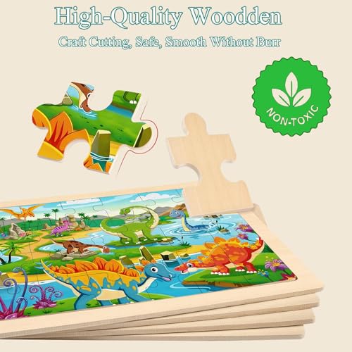 Wooden Puzzles Dinosaur Toys for Kids Ages 4-6, 4 Packs 24 Piece - color: Dinosaur