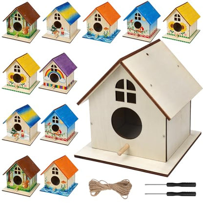 12 Pack Wooden DIY Birdhouse Kit for Kids Adults, Thickened Double-Layer Wood with Screwdrivers, Nails, Ropes, Easy Build & Paint Arts and Crafts Set for Backyard Garden Bird Watching - style: 12 Pack