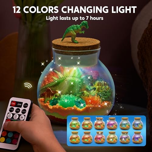 Klever Kits JOVA Make Your Own Dinosaur Crystal Terrarium Crafts Kit for Kids-Crystal Growing Science 12 Color LED Night Light Birthday Gifts Toys for Kids