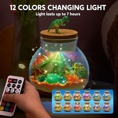 Klever Kits JOVA Make Your Own Dinosaur Crystal Terrarium Crafts Kit for Kids-Crystal Growing Science 12 Color LED Night Light Birthday Gifts Toys for Kids