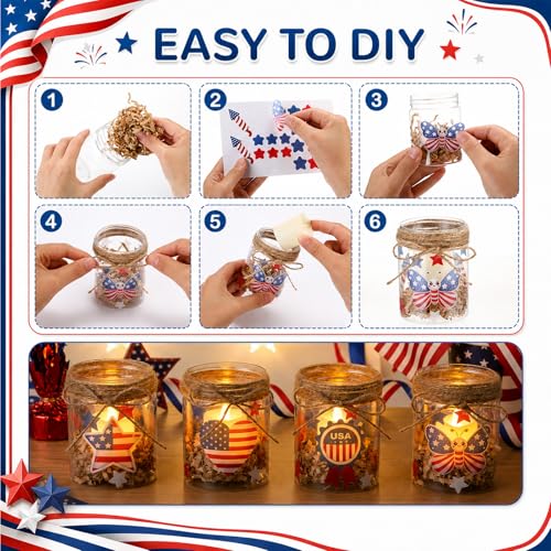 24 Sets 4th of July DIY Craft Kits Patriotic Plastic Mason Jar Making Craft Gifts Bulk American Flag Table Centerpieces 250th Independence Day Decoration for Anniversary Classroom Activities - style: Flag