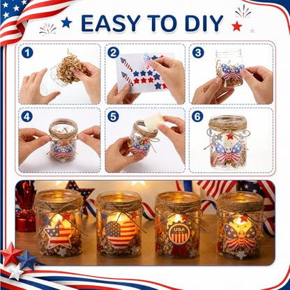 24 Sets 4th of July DIY Craft Kits Patriotic Plastic Mason Jar Making Craft Gifts Bulk American Flag Table Centerpieces 250th Independence Day Decoration for Anniversary Classroom Activities - style: Flag