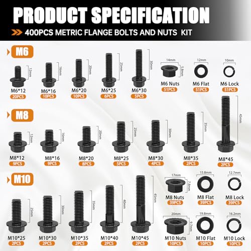 mankk 400PCS Metric Flange Bolts Nuts Washers Auto Fasteners - size: 400PCS M6 M8 M10, style: Flange Bolt