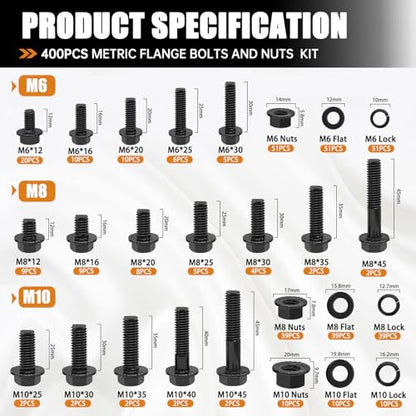 mankk 400PCS Metric Flange Bolts Nuts Washers Auto Fasteners - size: 400PCS M6 M8 M10, style: Flange Bolt