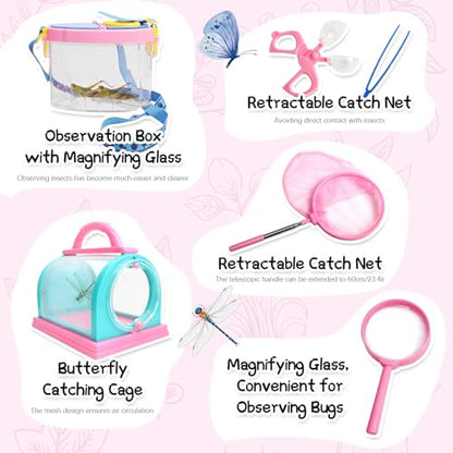 Bug Catcher for Kids Explorer Kit Kids Bug Catching Kit, Bug Catcher Kit for Kid with Binoculars, Magnifying Glass, Butterfly Kit for Girls Aged 3+(Pink)