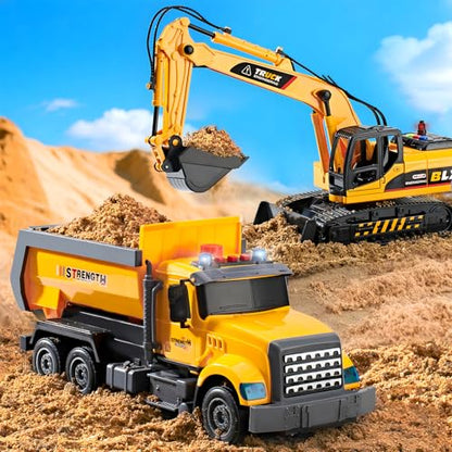 LerBao 2 Pack Construction Engineering Truck Toys,Moveable Claw Excavator & Lifting Back Dump Truck Toy for 3 4 5 6 7 8 Years Old Boys Kids Childs Toddlers Christmas Birthday Gift
