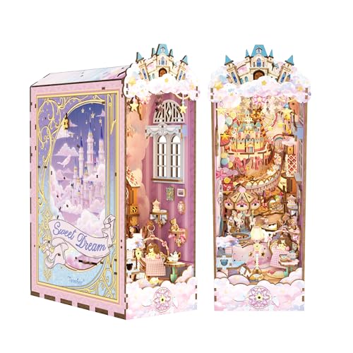 Tonecheer DIY Book Nook Kit for Adults, Booknook Wooden 3D Puzzle Bookend Miniature House Kit, Fantasy Pink Bookshelf Decor with Dust Cover and LED Light for Birthday Gifts (Sweet Dream) - color: Sweet Dream
