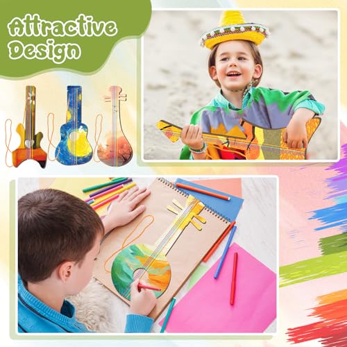 Syhood 36 Pcs 18 Sets DIY Wood Guitar (6 Difference Designs) with Pigments (6 Colors), DIY Wood Instruments Gift for Crafts Art Birthday Music Theme Party(Classic Style) - style: Classic Style
