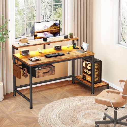 DurayLoly 32" Office Desk with Power Outlet & Fabric Drawer,Rustic Brown - color: Rustic Brown, size: 32 IN