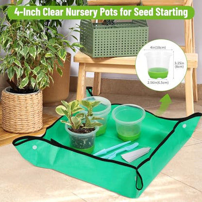 Caffox 57PCS Reusable Seed Starter Kit Includes 26 Packs 4" Clear Nursery Pots with Silicone Base, Repotting Mat, Gardening Gloves, Plant Labels and Seedling Tools for Easy Transplant - size: 4 Inch Clear Nursery Pots