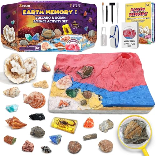 PIBEX Volcano & Ocean Dig Kit, 20+ Real Fossils, Rocks, Shells & Geode