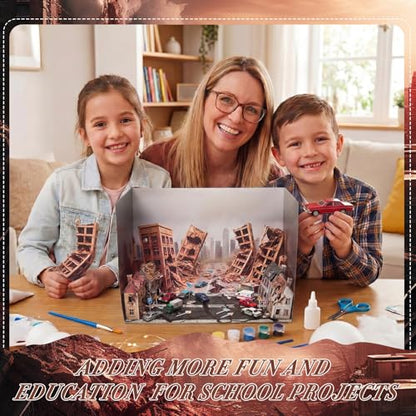 AmazingSpark 2 Set Earthquake Themed Diorama Box and Road Cracked Sticker Decor, Earthquake Diorama Project Supplies Set, Cardboard Display Case Kit & Card with Double Sided Tapes for DIY Crafts - style: Earthquake