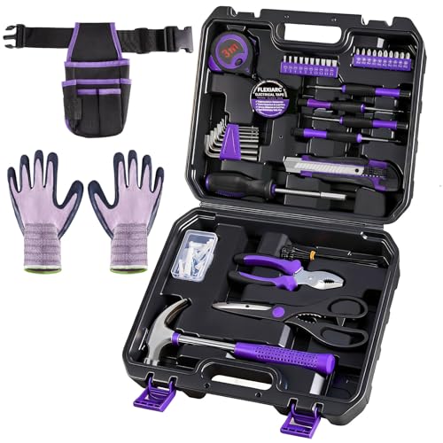 General Household Tool Set - Purple Hand Tool Kit with Waist Pouch & Gloves, Tool Kit for Women Everyday Home Repairs, DIY and Crafts, 112 pcs