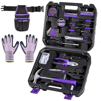 General Household Tool Set - Purple Hand Tool Kit with Waist Pouch & Gloves, Tool Kit for Women Everyday Home Repairs, DIY and Crafts, 112 pcs