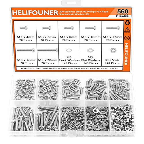 HELIFOUNER 560 Pieces M3 x 4mm /6mm /8mm /10mm /12mm /16mm /20mm, Phillips Pan Head Machine Screws, Metric Screws Bolts Washers Nuts Kit, 304 Stainless Steel - size: M3, style: Phillips Pan Head