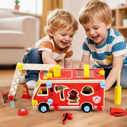 LOVELAND Wooden Fire Truck Toy, Take Apart STEM Building Set with Kid-Safe Screwdriver & 6 Shape Sorter Tools, DIY Montessori Construction Vehicle, Pretend Play Educational Gift for Boys Girls Ages 3+