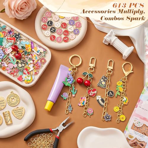 Ecoofor 613 PCS Charms Lip Gloss Keychain Making Kit, Bag Charm Kit with 178 Charms, 25 Keychain Clips & Extender Chains, Jewelry Pliers, Gift Bags & DIY Keychain Craft Supplies - color: Gold - 613 Pcs Kit
