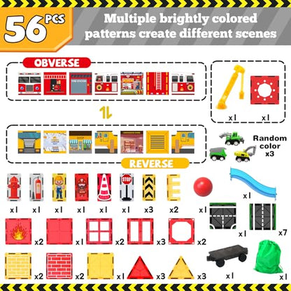 Magnetic Tiles Fire Truck Set,Magnet Blocks for Kids Ages 4-8 Boy STEM Toys - style: 56PCS Fire Station Magnetic Tiles