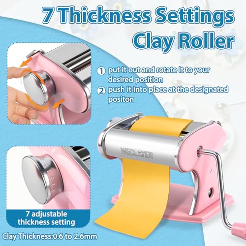 WECLAYER Polymer Clay Press Machine,Clay Roller Machine with 8pcs Modeling Clay Tools,Stainless Steel Polymer Clay Tools for Clay Earring Making,7 Adjustable Thickness Setting Clay Pasta Machine