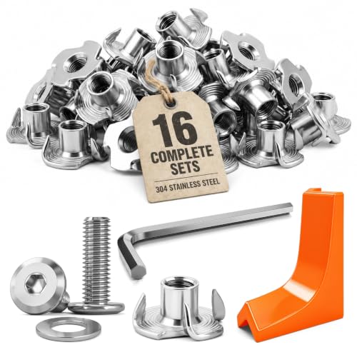1/4"-20 T-Nut Kit with Bolts, 16 Sets 304 Stainless Steel 4-Prong T-Nuts