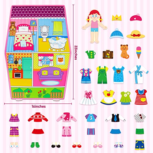 OKOOKO Dress Up House Felt Board 35PCS Double-Sided Foldable Dress Up Teaching Girls Toy Preschool Crafts Storytelling Early Learning Interactive Play Kit for Toddlers Kids - color: Pink