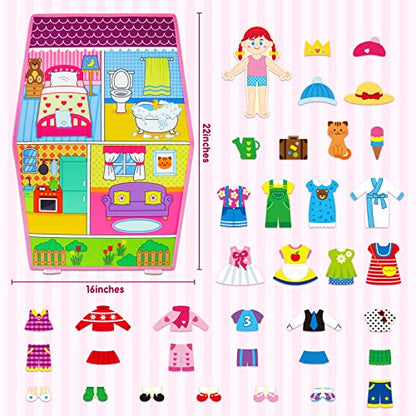 OKOOKO Dress Up House Felt Board 35PCS Double-Sided Foldable Dress Up Teaching Girls Toy Preschool Crafts Storytelling Early Learning Interactive Play Kit for Toddlers Kids - color: Pink