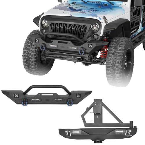 Hooke Road Wrangler JK Rear Bumper with Tire Carrier and Front Bumper Combo Compatible with Jeep Wrangler JK & Unlimited 2007-2018 2/4 Doors