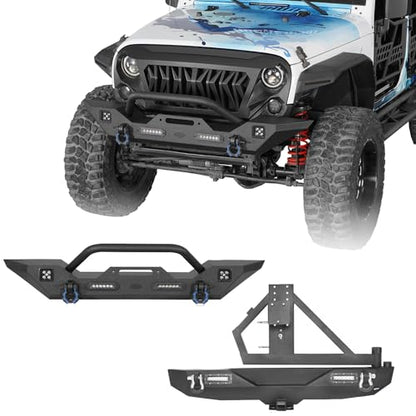 Hooke Road Wrangler JK Rear Bumper with Tire Carrier and Front Bumper Combo Compatible with Jeep Wrangler JK & Unlimited 2007-2018 2/4 Doors