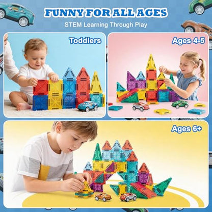 Mini Magnetic Tiles 93PCS Set with 12 Cars, STEM Building Blocks for Kids - size: 93PCS