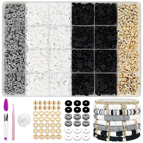 MIIIM Black and White Clay Bead Bracelet Kit, Heishi Beads, Flat Beads and Gold Spacer Beads for Jewelry Making, Friendship Bracelet Beads Kit for Crafts, Concert, Raves, Gifts - color: Black and White