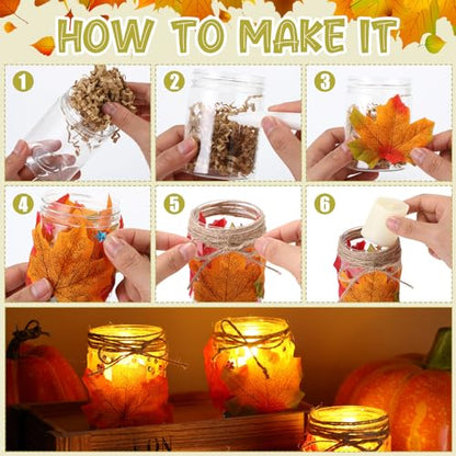 113 Pcs 24 Sets Thanksgiving Craft Kits DIY Plastic Mason Jar Maple Leaf Table Centerpieces Thanksgiving Fall Table Decor Autumn Classroom Activities with Stickers Rope Glue Raffia Grass - style: Maple Leaf