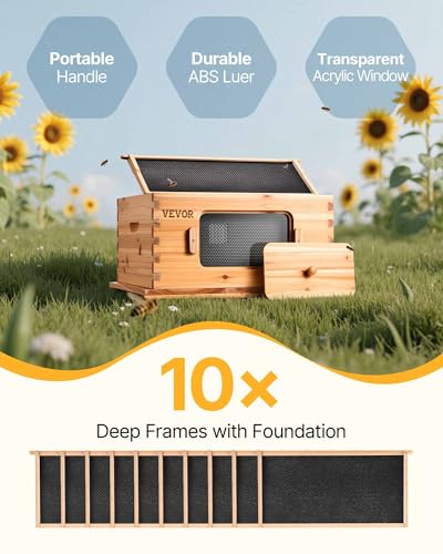 VEVOR 10 Frame Deep Brood Bee Hive Box, Bee Box Dipped in 100% Beeswax, Langstroth Beehive Kit with 10 Frames and Foundations Sheets and Transparent Acrylic Windows for Beekeeping Supplement - size: Deep Brood Box