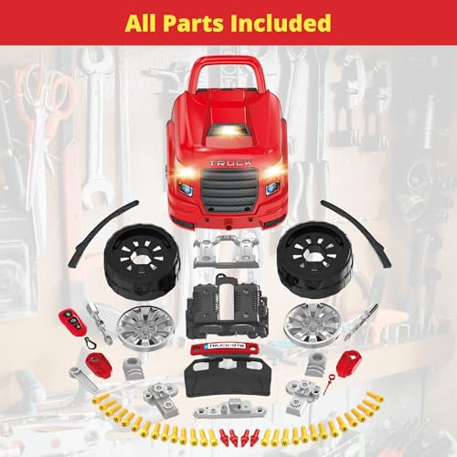 Large Truck Engine Toy — Interactive Steering Wheel, Engine Building Kit & Kids Mechanic Tool Set with Light & Sound – 56 PCS Take Apart Toys for Boys Ages 3+