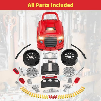 Large Truck Engine Toy — Interactive Steering Wheel, Engine Building Kit & Kids Mechanic Tool Set with Light & Sound – 56 PCS Take Apart Toys for Boys Ages 3+