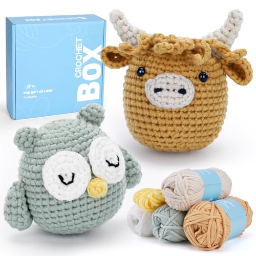 CrochetBox Highland Cow and Owl Crochet Kit for Beginners, 2 PCS Set - color: 2 PCS Highland Cow and Owl