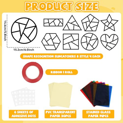 QOUBAI 32 Sets Back to School Geometric Recognition Suncatchers Craft DIY Window Stained Glass Effect Star Paper Crafts Home School Classroom Decor Kid Birthday Gift Creative Art Project Activity Game - style: Geometry