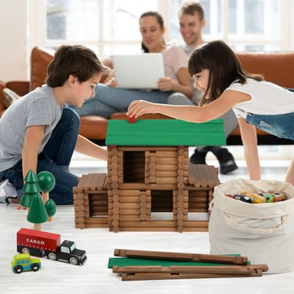 Wondertoys 456Pcs Big Villa Wooden Log Set Real Wood Logs Classic Building Log Ages 3+ Best Retro Building Gift Set Creative Construction Engineering Educational Gifts - style: 456PCS Luxury Villas