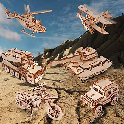 calary 3D Wooden Puzzle Simulation Animal Dinosaur Assembly DIY Model Toy for Kids and Adults,Set of 6 - style: B- Miliatary Vehicles