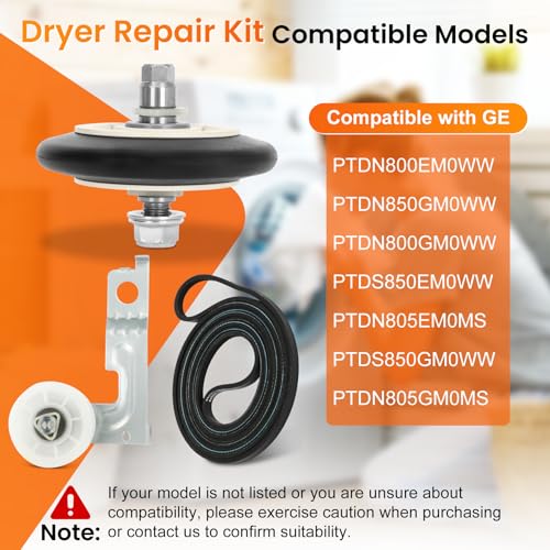 Dryer Repair Kit Compatible with ge Dryers Includes 4 PCS WE03X10008 Dryer Drum Roller WE12X10011 Dryer Belt and WE12X10013 Idler Pulley Assembly,Note the Incompatible Models in Figure 6