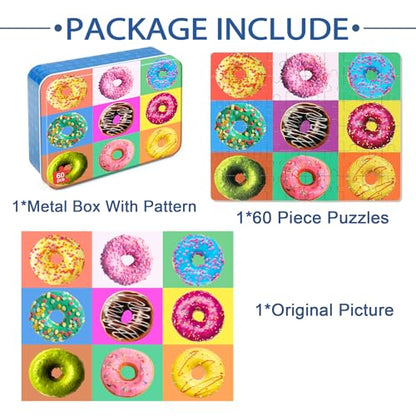 LELEMON Puzzles for Kids Ages 4-6, 60 Piece Puzzles for Kids in Metal Box - color: 9 Piece Donut