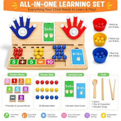 Montessori Math Learning Toy for Kids 3-7 – Wooden Counting Board with Beads, Number Blocks & Cards – Preschool STEM Educational Toy for Addition, Subtraction, Sorting & Fine Motor Skills