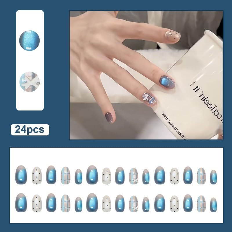 Almond Press on Nails Short Blue Fake Nail Bow and Stripes Stripes Acrylic Nail Press ons Cat Eye Stick on Nail for Women 24pcs - color: Color27