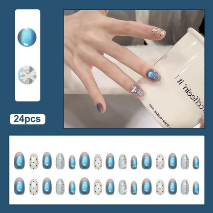 Almond Press on Nails Short Blue Fake Nail Bow and Stripes Stripes Acrylic Nail Press ons Cat Eye Stick on Nail for Women 24pcs - color: Color27